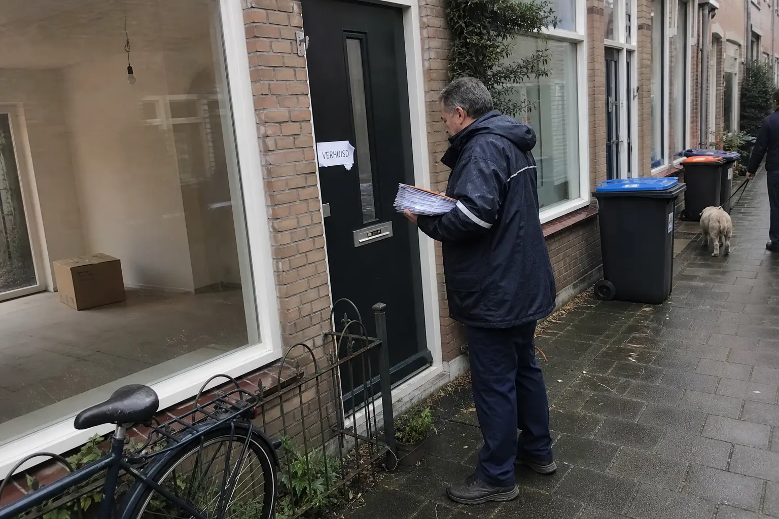 Postbezorger met stapel post voor een leeg rijtjeshuis, op de brievenbus een gescheurd briefje met VERHUISD.